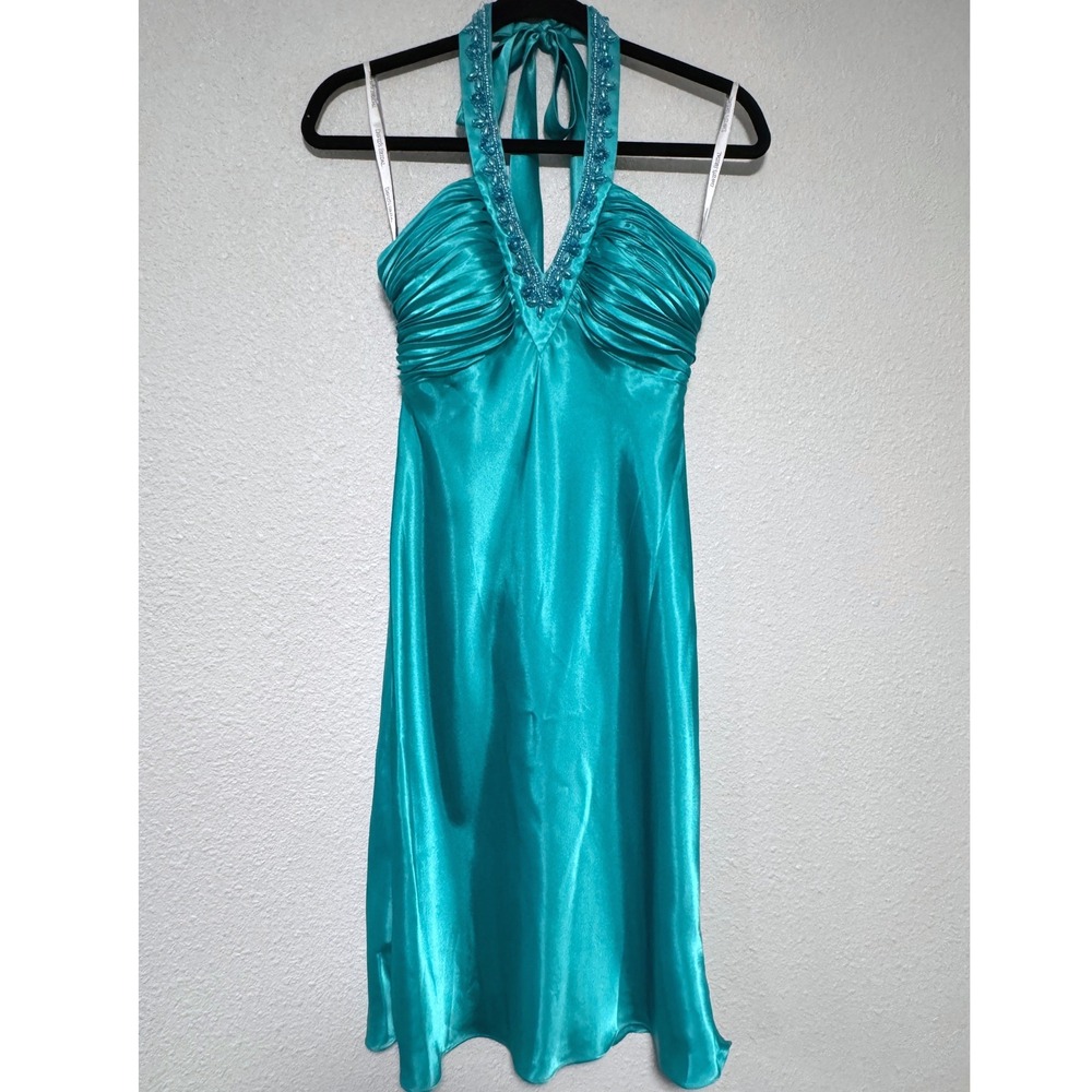 Y2K Vintage Turquoise Satin Beaded Halter Formal Cocktail Dress Size 7/8